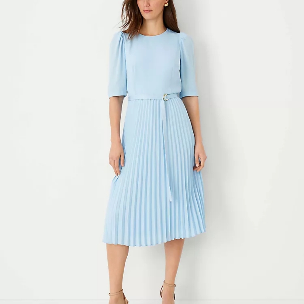 Ann Taylor Belted pleated flare dress in Perfect Sky color
